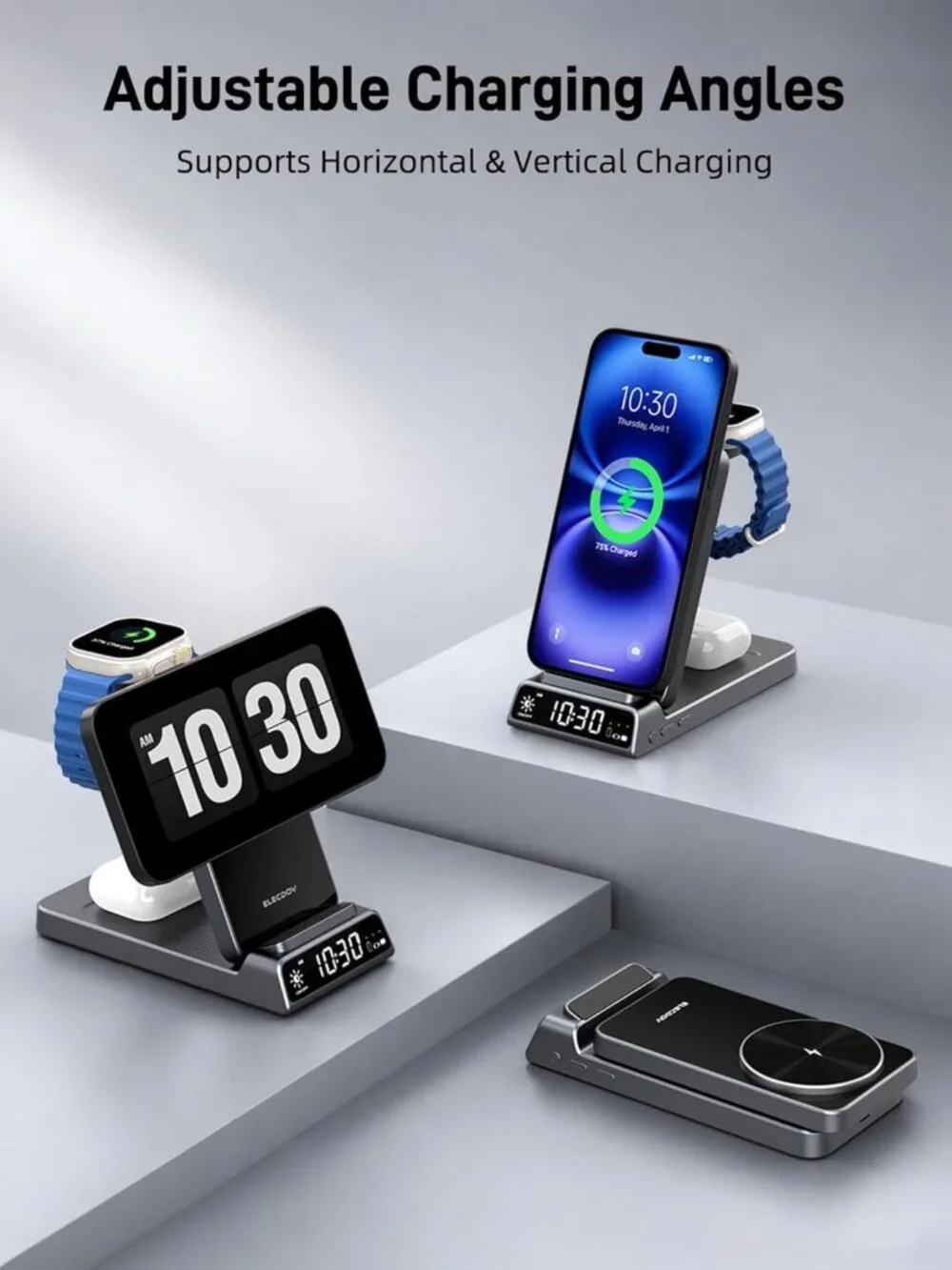 3-in-1 Wireless Charging Station with Clock, Foldable iPhone & Apple Watch Stand